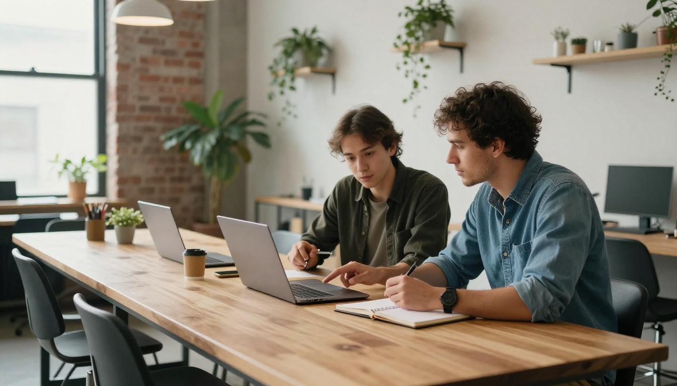 Two developers at a shared laptop in a bright coworking space, comparing the output of a new tool