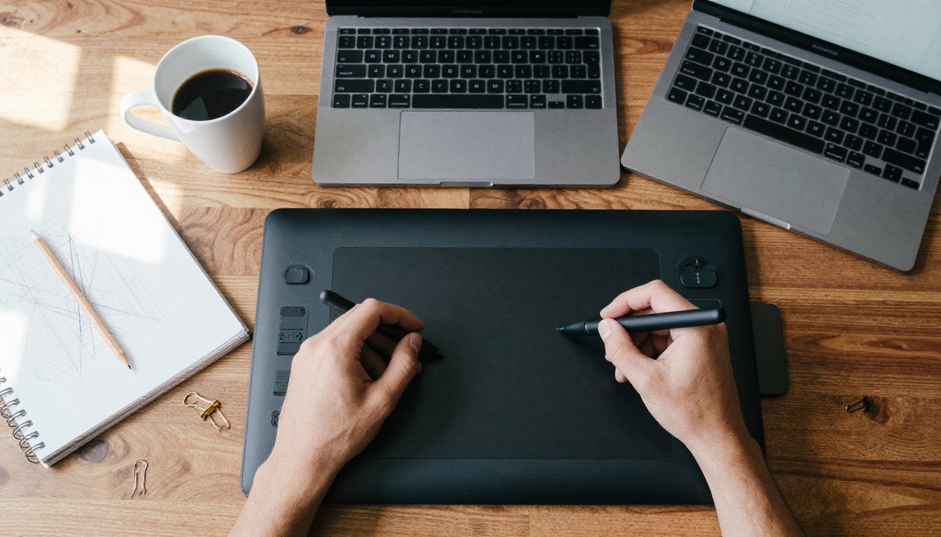 Overhead view of a designer's hands holding a stylus over a graphics tablet beside a laptop and sketchbook