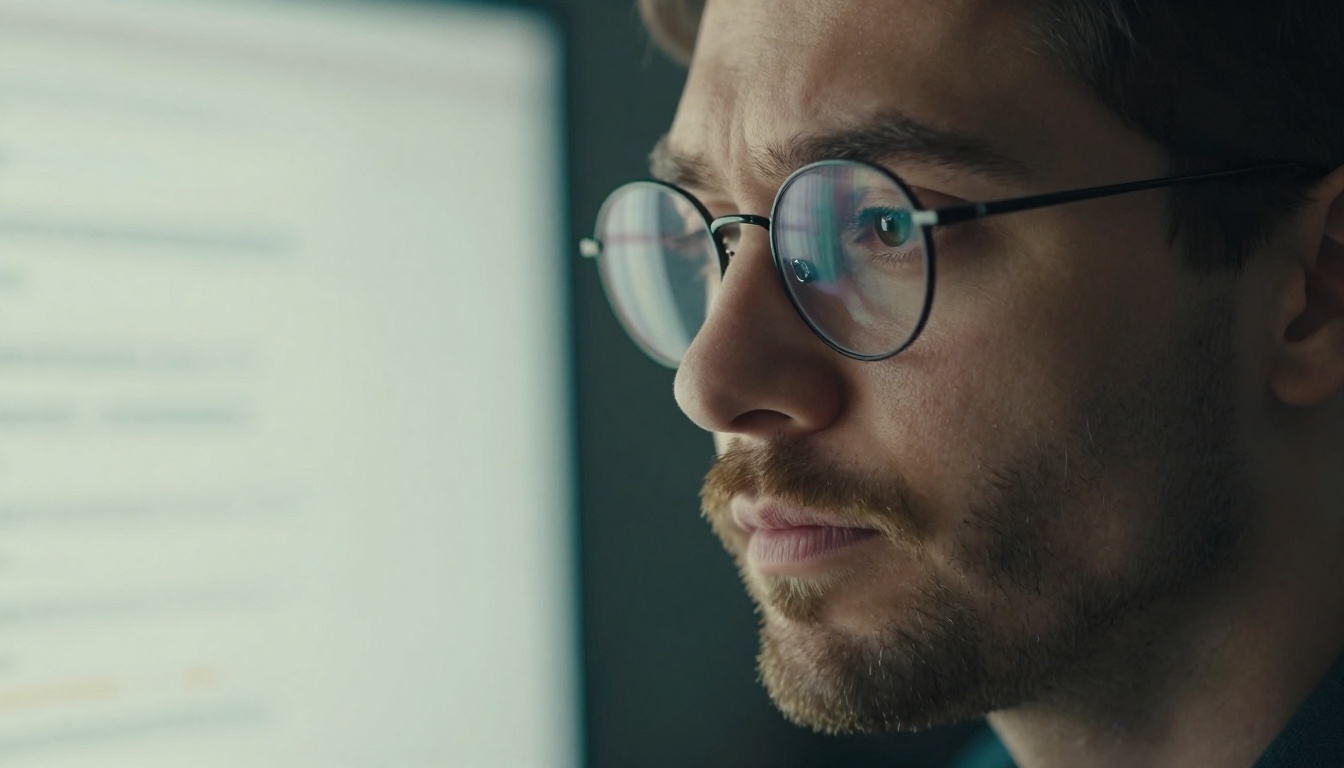 A close-up of a bearded developer in round glasses studying a test result on screen