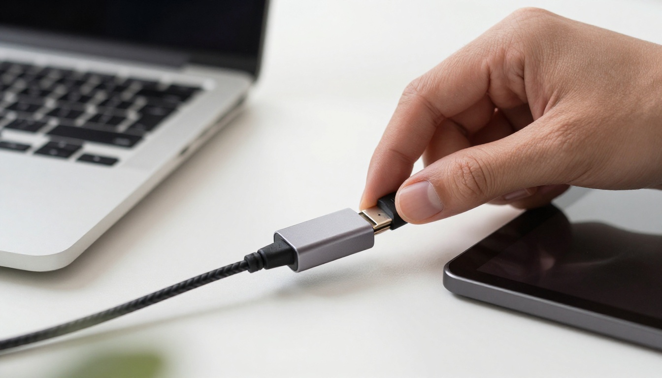 Close-up of a hand plugging a braided cable into a slim aluminum hub beside a laptop and tablet