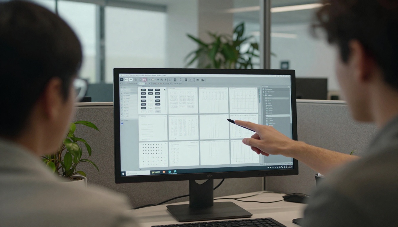 Over-the-shoulder view of a designer and a developer sharing one monitor showing a blurred interface layout