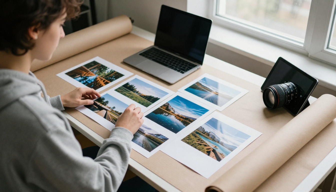 A creative studio desk filled with printed landscape photographs, the output of a chat-driven image workflow