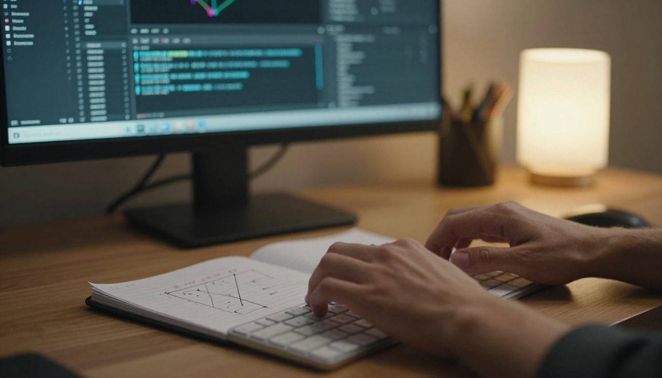 Low-angle close-up of a developer's hands typing beside a notebook of spacing diagrams