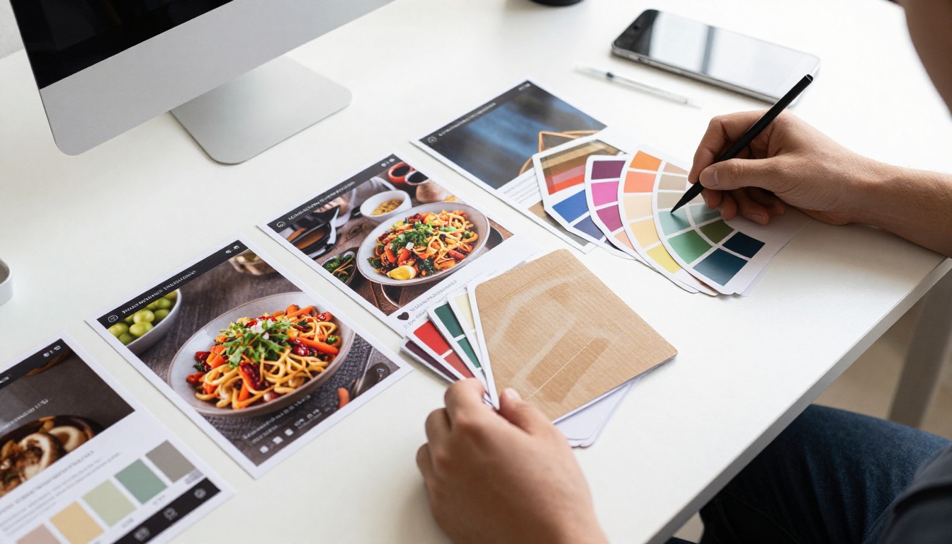 High angle view of a marketing designer arranging printed social post mockups across a white table