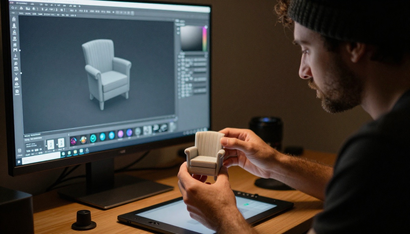 Side profile of a 3D artist holding a small printed armchair model in front of a modeling monitor