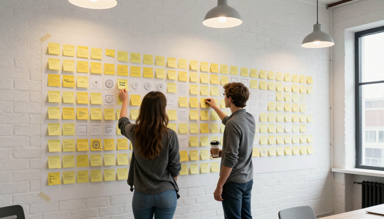 Two designers at a wall of printed interface components, placing a sticky note on a button variant