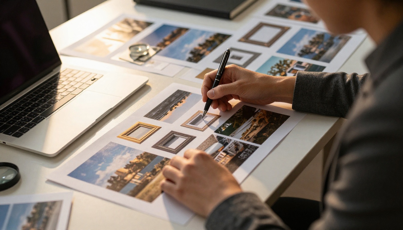 Creative director in a charcoal blazer reviewing a printed contact sheet of product and landscape photographs