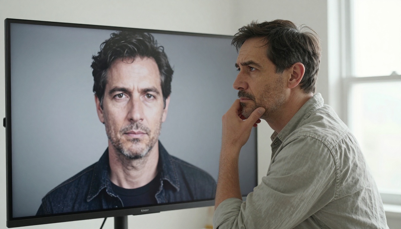 A portrait photographer comparing a printed headshot to a large monitor in a daylight studio