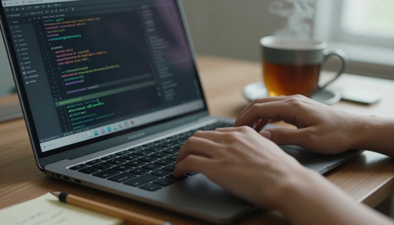 Developer's hands typing in a code editor on a silver laptop