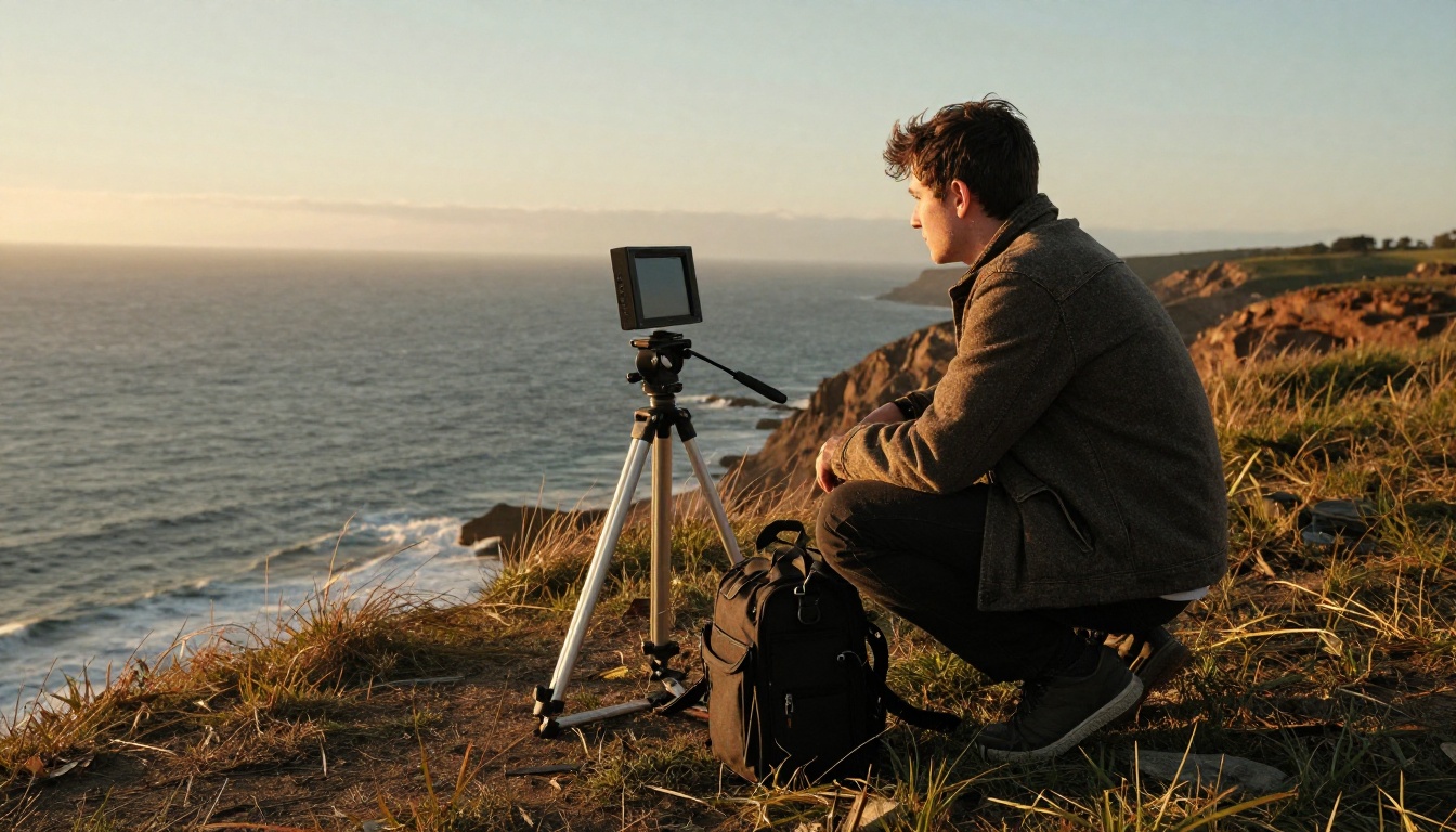 A young filmmaker crouching on a coastal cliff at golden hour beside a tripod-mounted field monitor