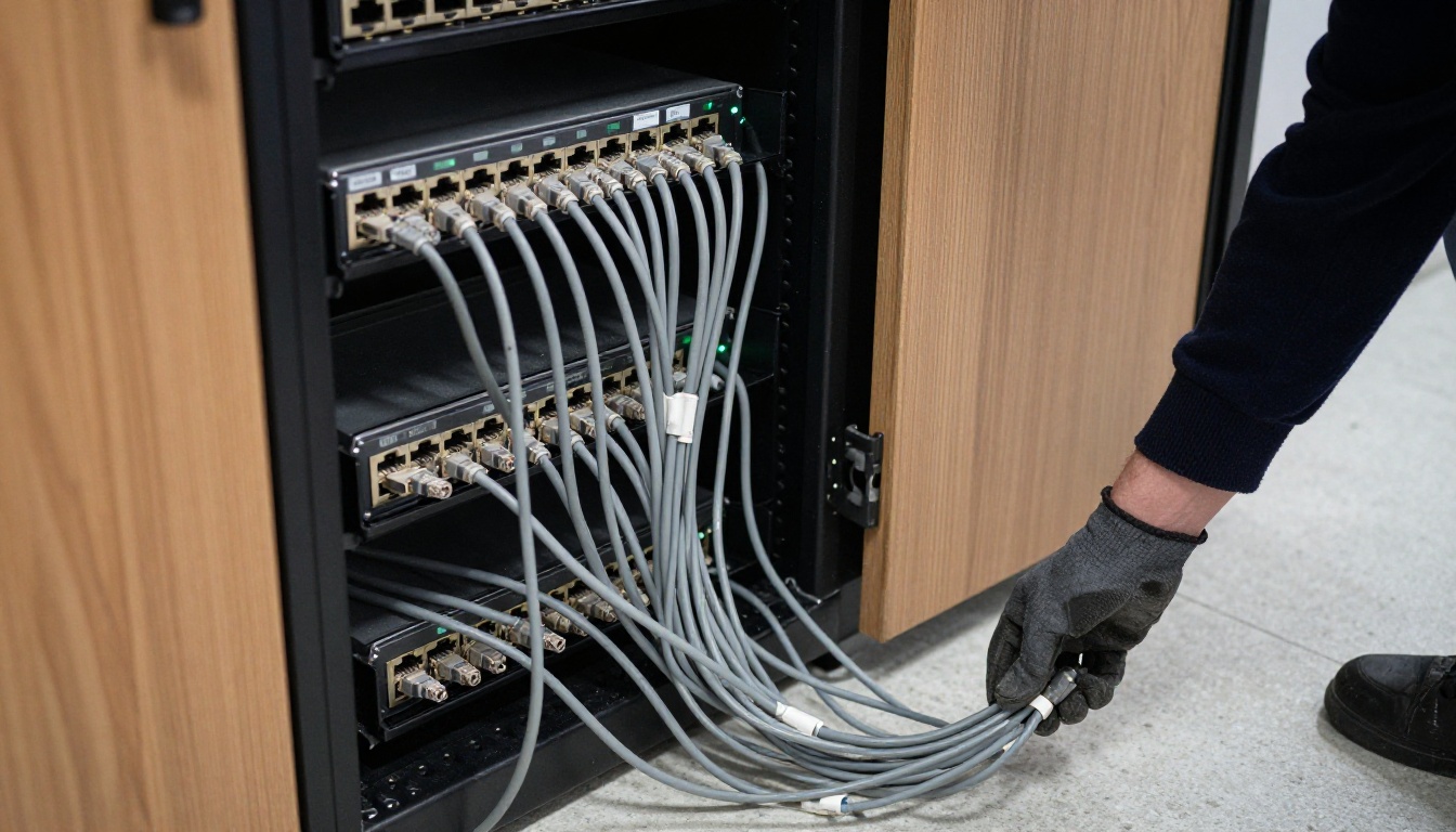 Network patch cables routed into a switch in a small server closet