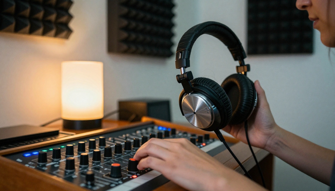 A sound designer in headphones adjusting a knob at a wooden mixing desk