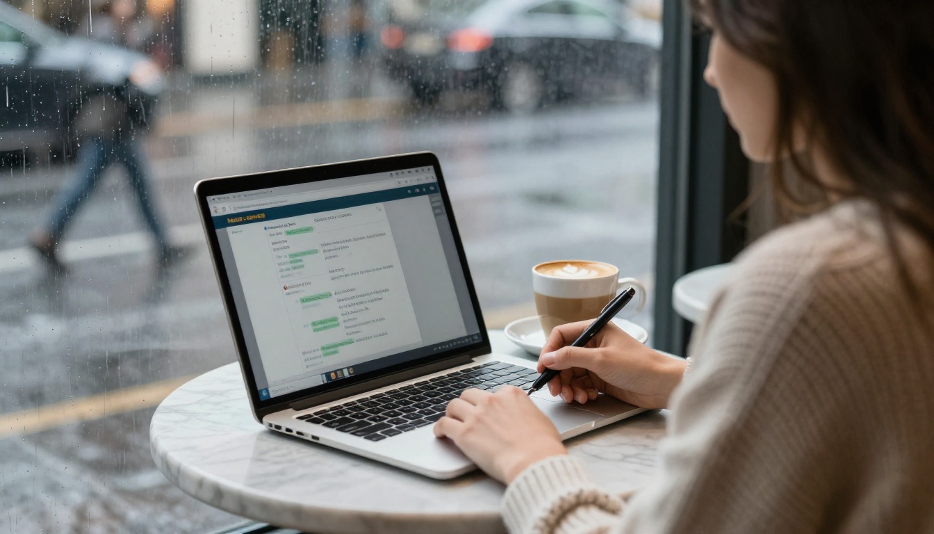 Over-the-shoulder view of a woman writing at a marble cafe table with a laptop and a flat white