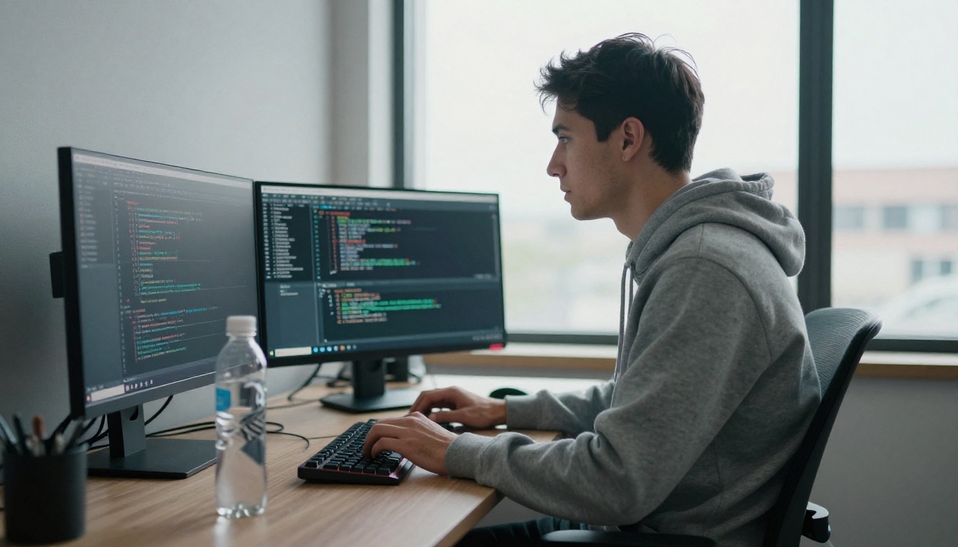 A software developer at a standing desk with two monitors in a quiet open office