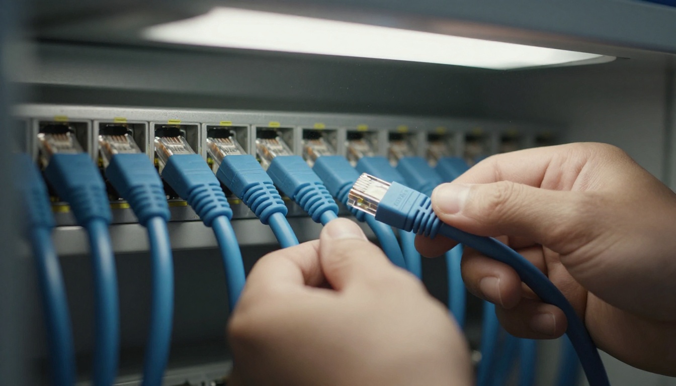 Two hands plugging a blue ethernet cable into a wall-mounted patch panel