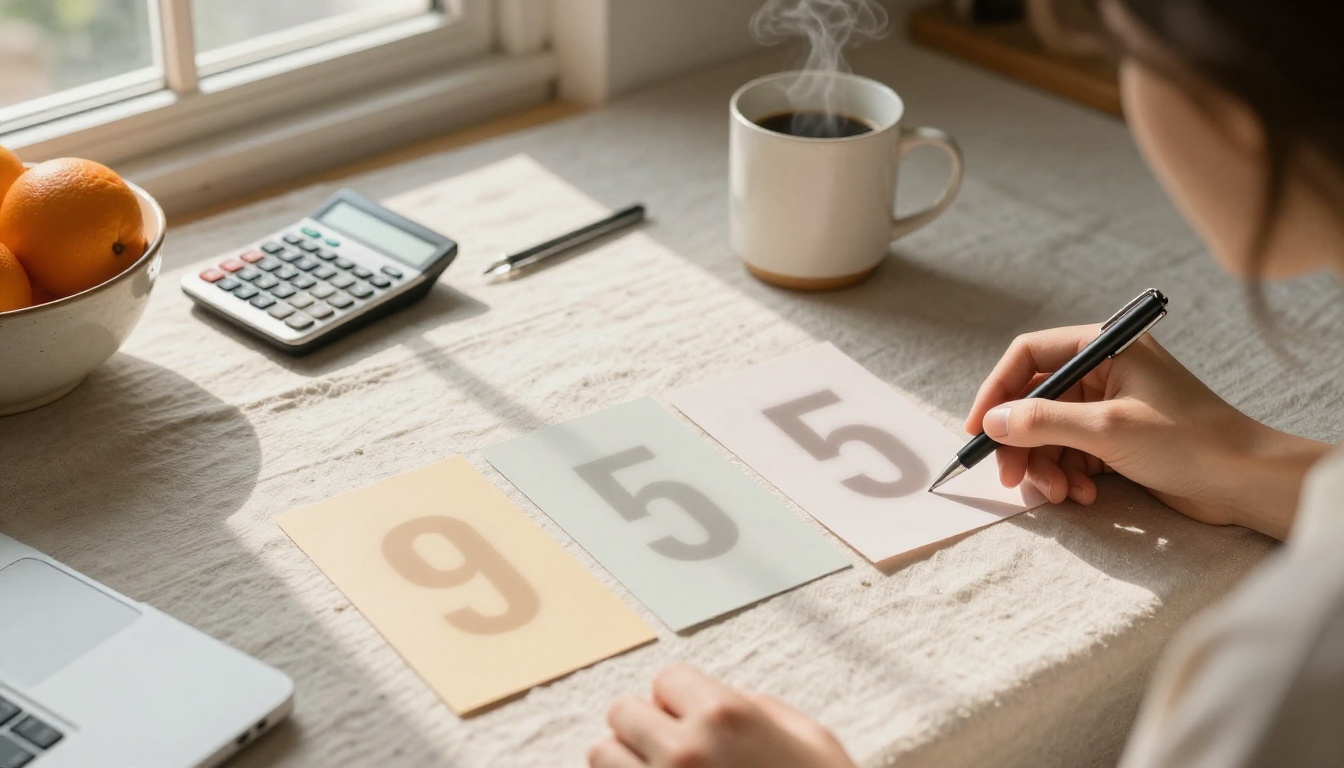 A woman at a kitchen table comparing three paper cards beside a calculator and a mug of coffee