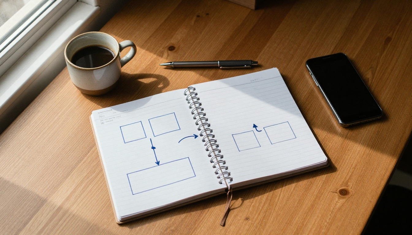 Hand-drawn notebook sketch of three connected blocks on an oak desk