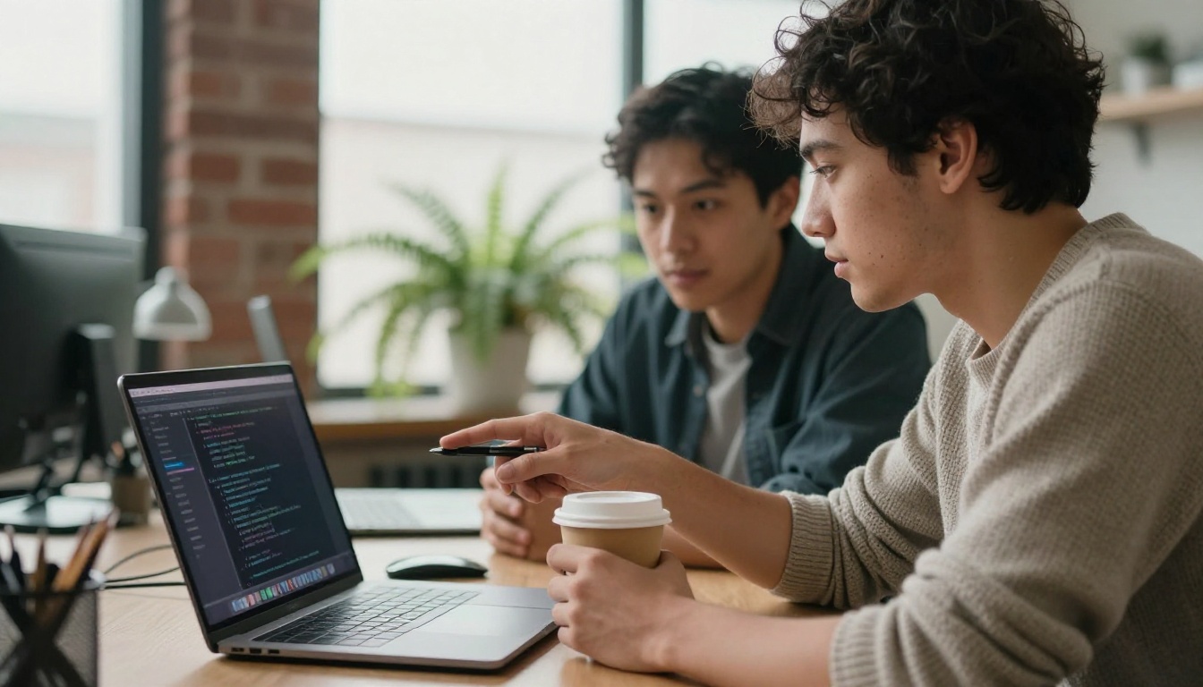 Two engineers reviewing code on a laptop at a standing desk