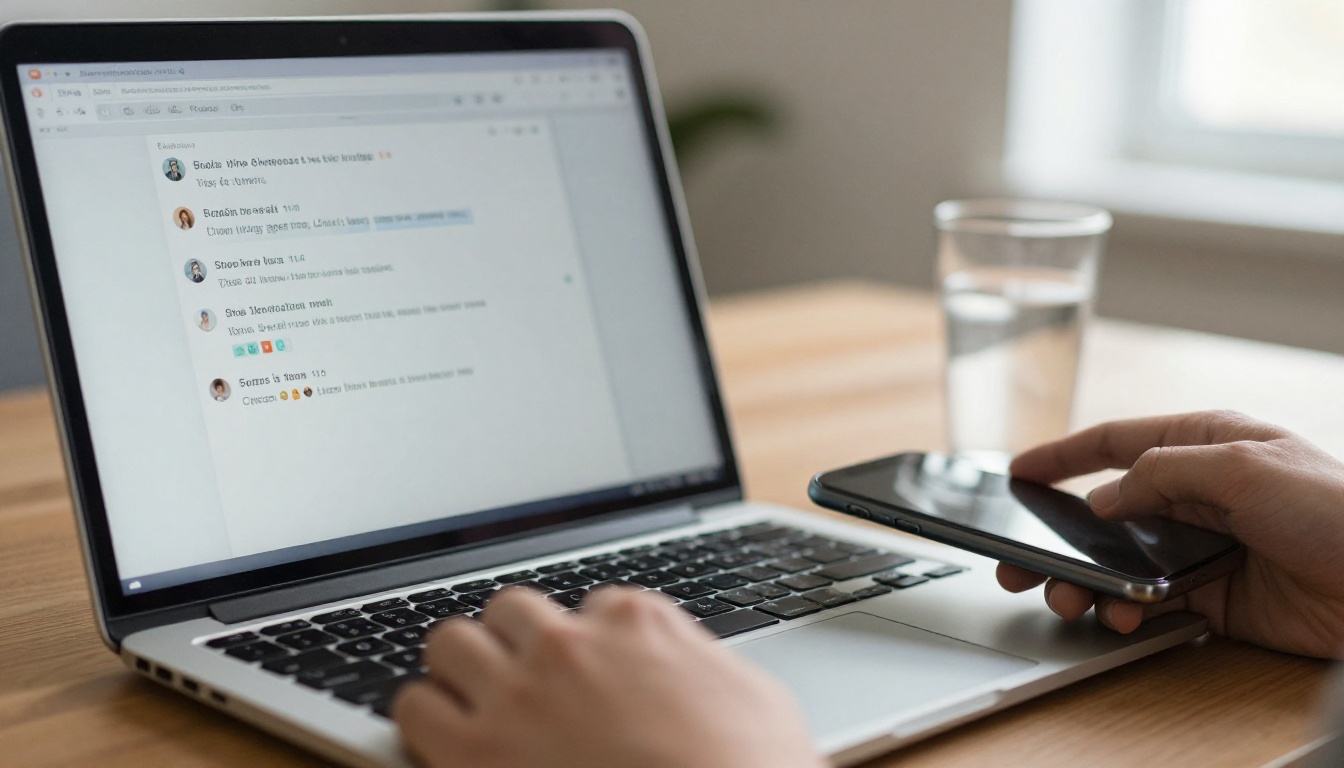 Laptop showing a chat window beside a terminal on a wooden table