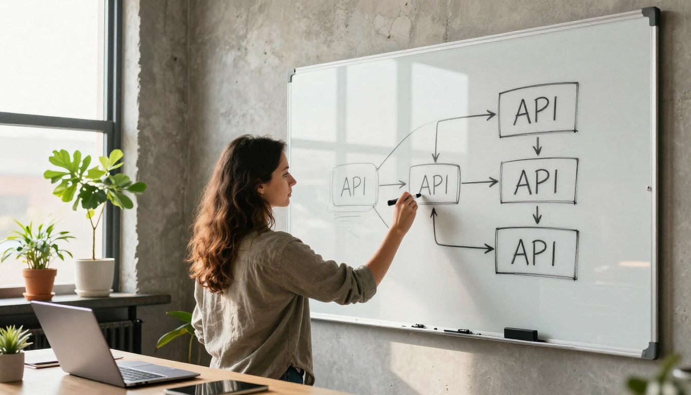 Woman sketching an API flow on a whiteboard in a sunlit loft