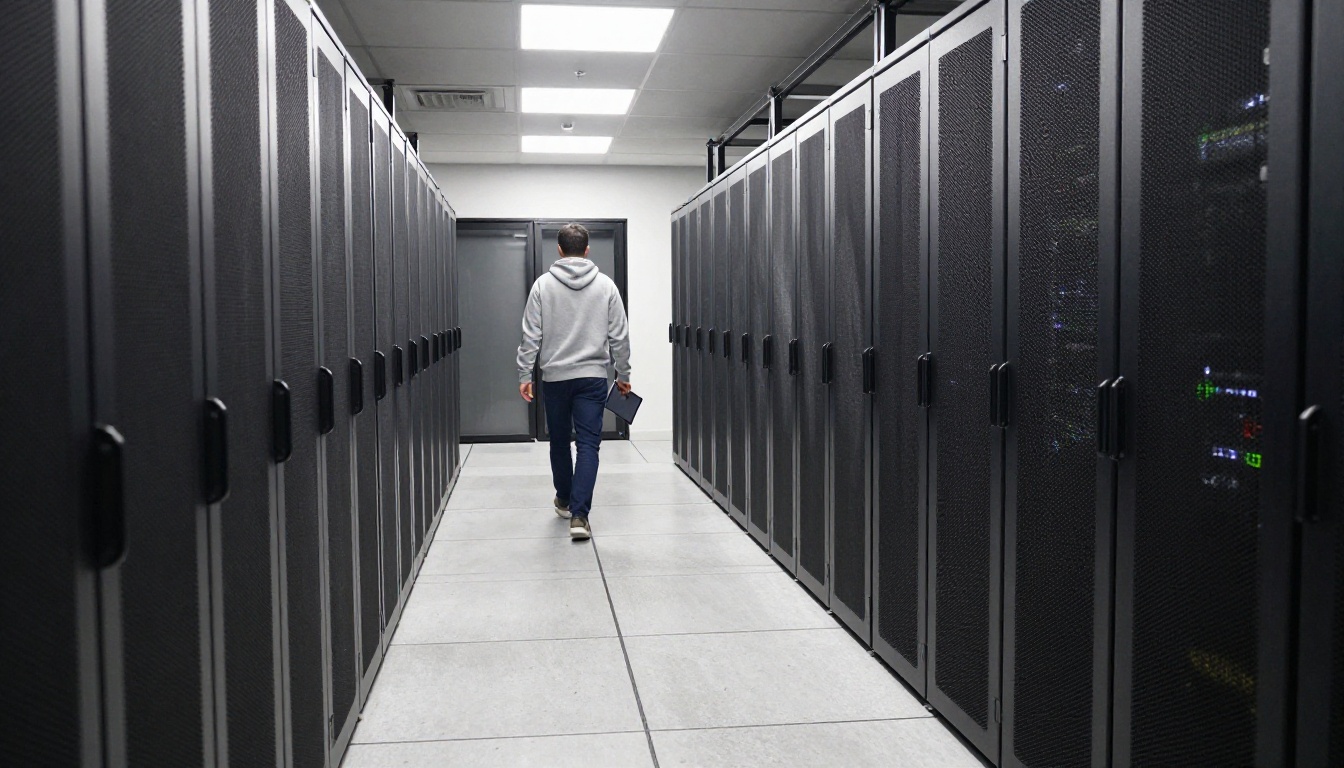 Technician walking through a server rack corridor