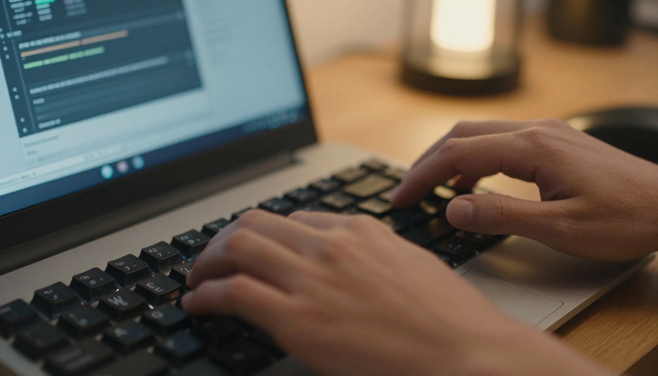Low-angle view of a developer's hands typing at a desk while a dark editor window glows softly behind
