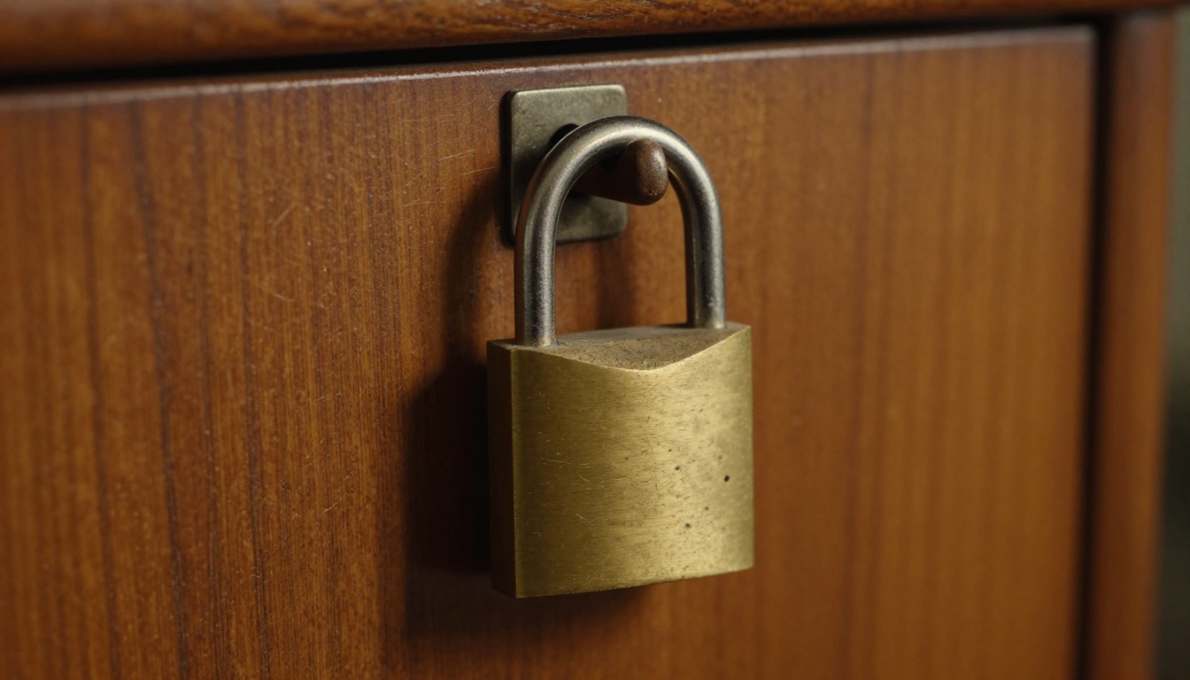 A worn brass padlock on a dark oak drawer, a picture of access control for your server