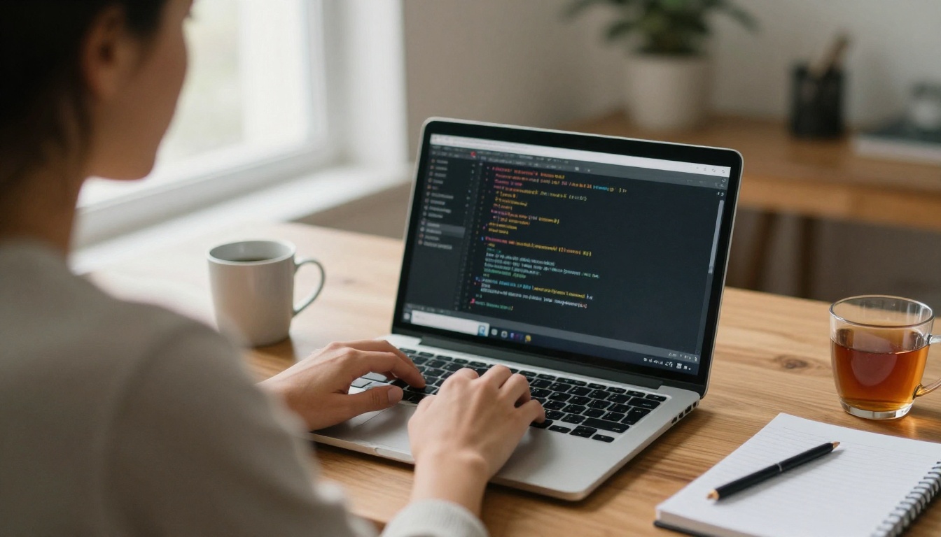 A developer typing TypeScript on a laptop at a wooden desk in soft morning light