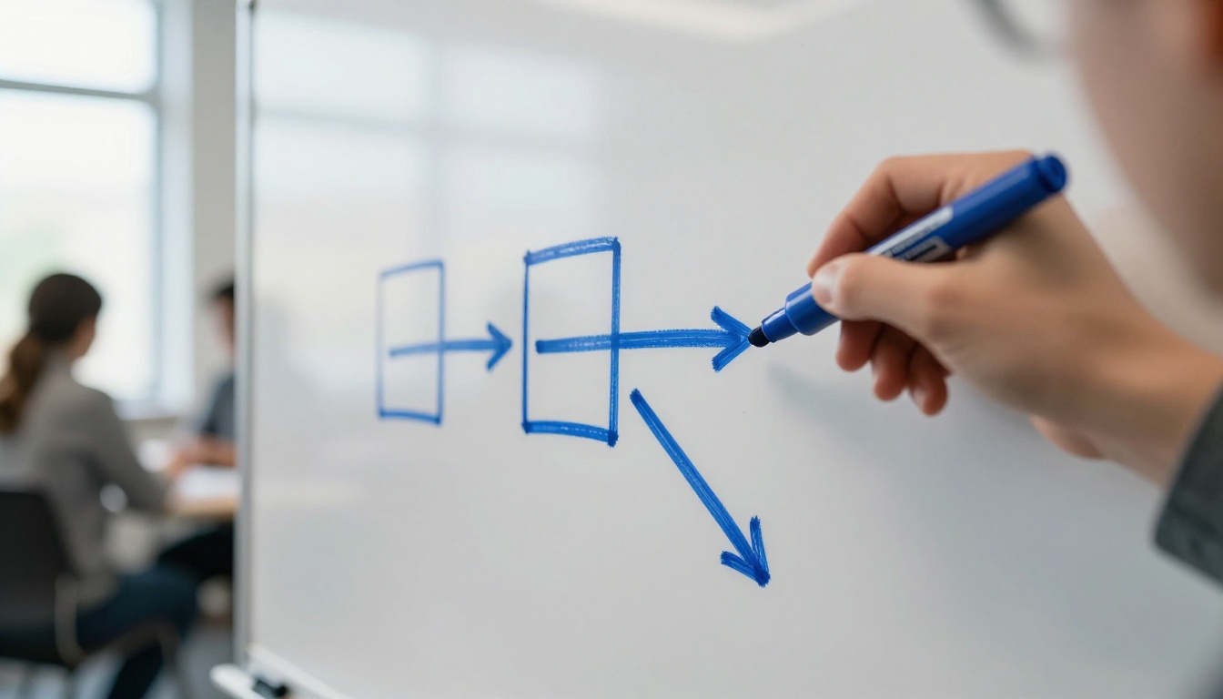 A hand drawing connected boxes and arrows on a whiteboard in a bright meeting room