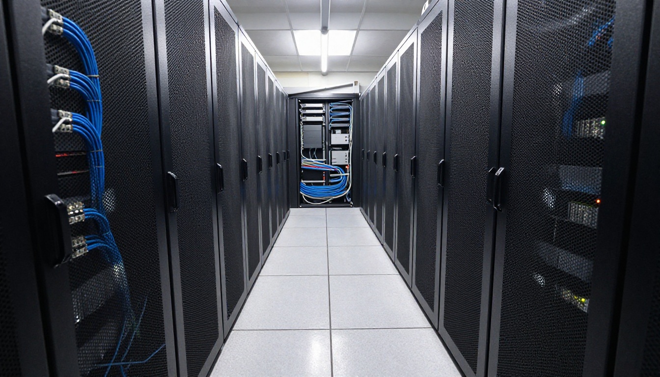Low-angle view down a narrow aisle of server racks with neatly routed network cables