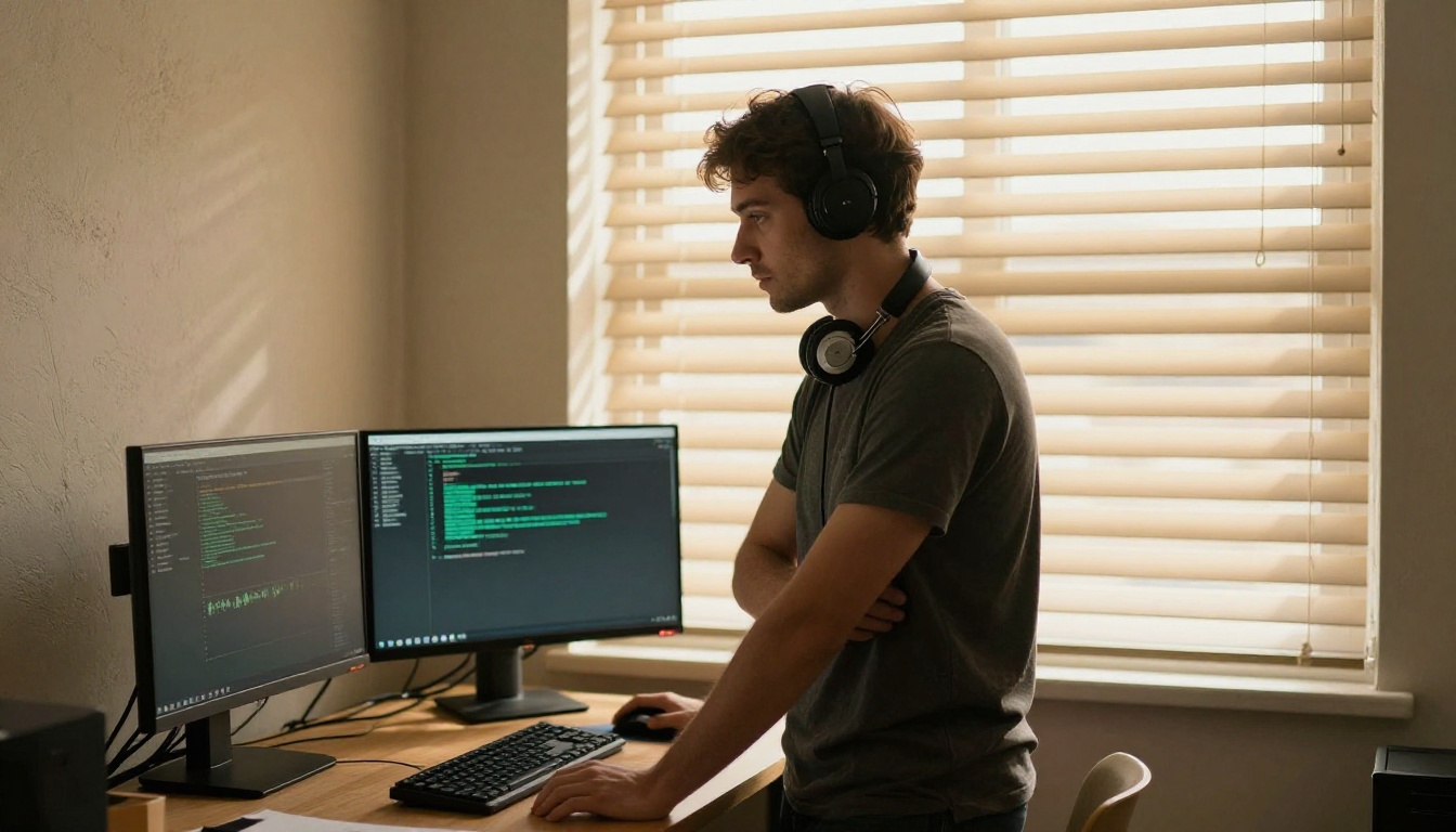 A developer at a standing desk with two monitors, focused on debugging a terminal