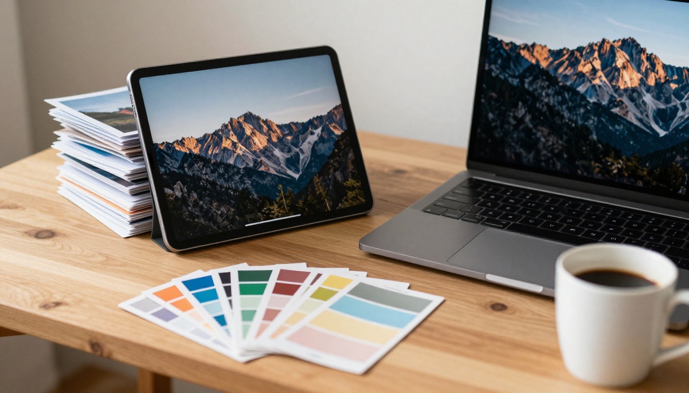 A designer's desk with printed mountain landscape photos, a tablet and color swatches