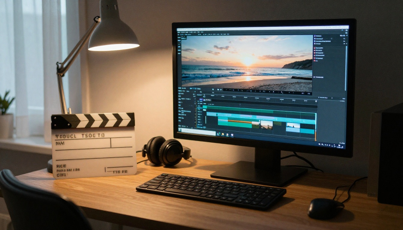 A video editor's workstation with a blurred timeline of sunset footage and a plain clapperboard