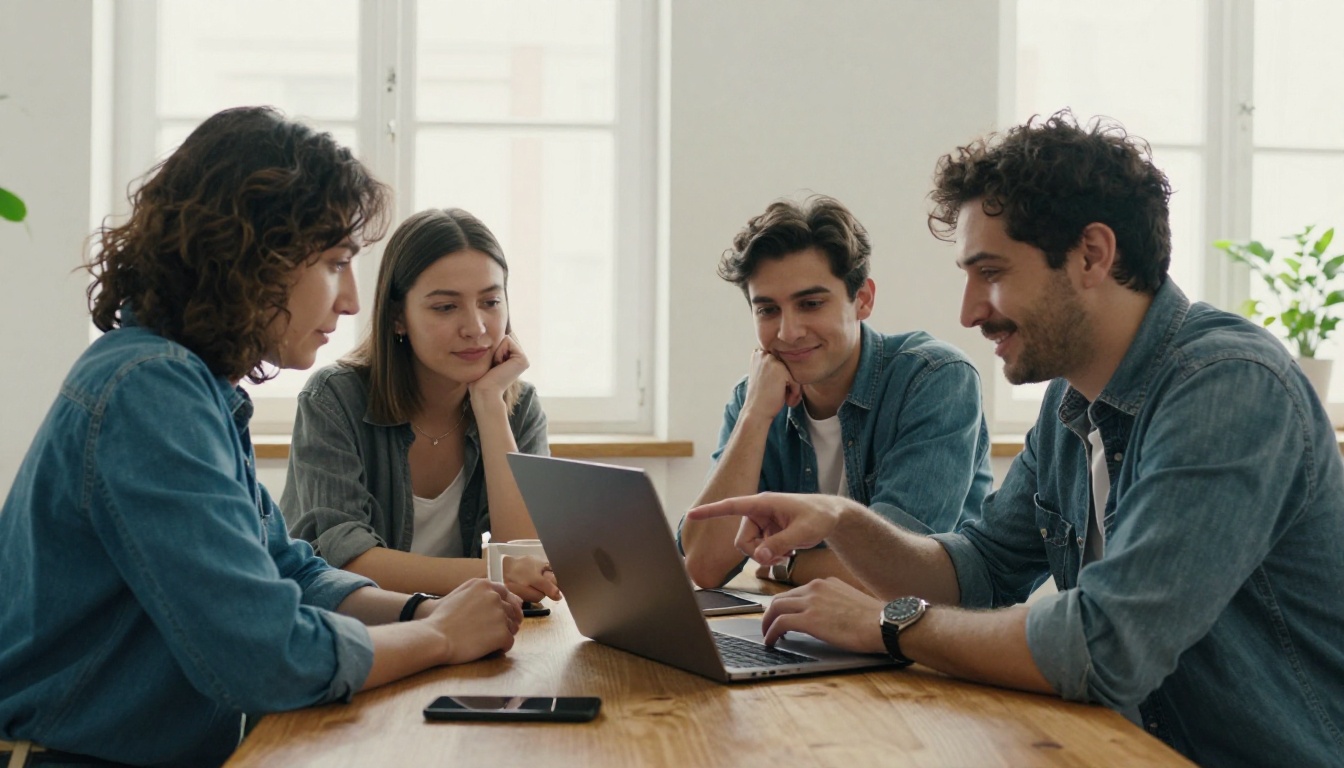 Four colleagues reviewing a laptop together around a sunlit table in a co-working space