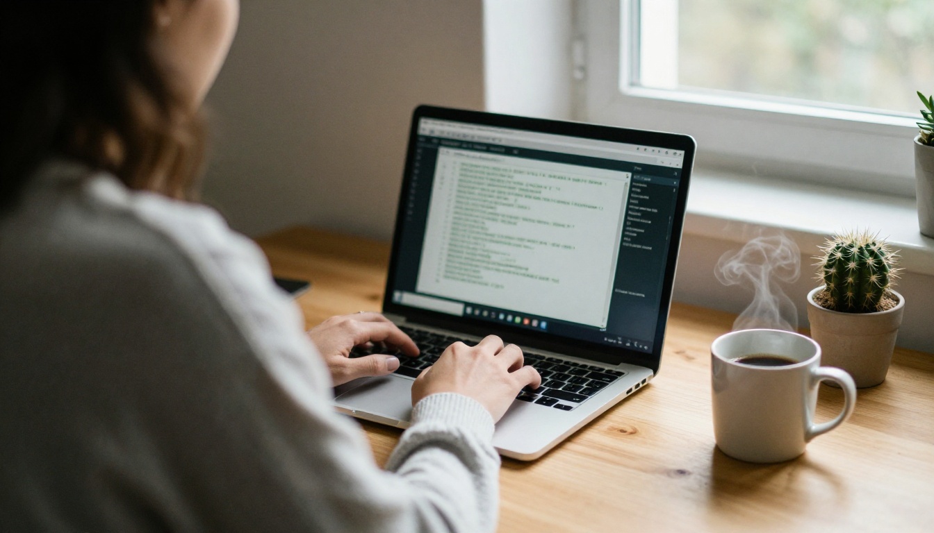 Developer typing in a terminal on a laptop at an oak desk in morning light