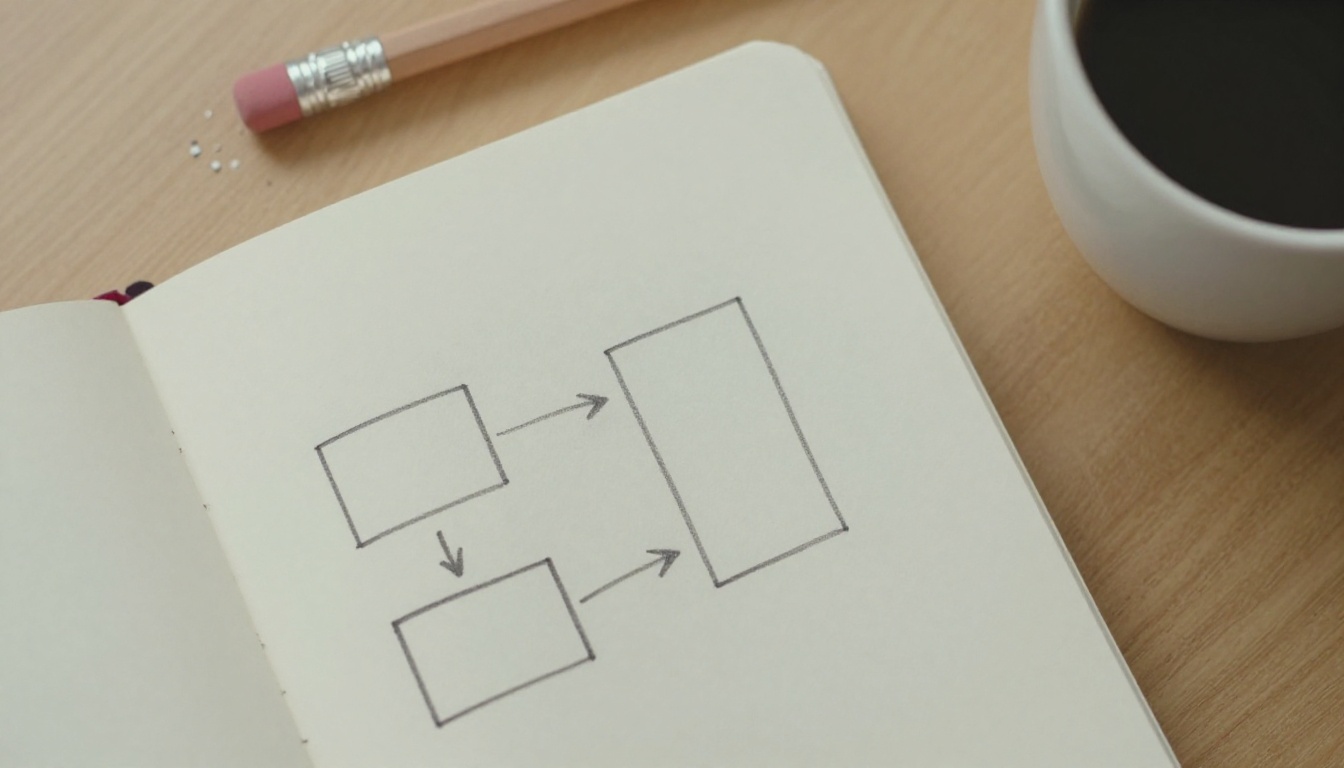 Overhead view of a notebook with a hand-drawn diagram of three boxes joined by arrows