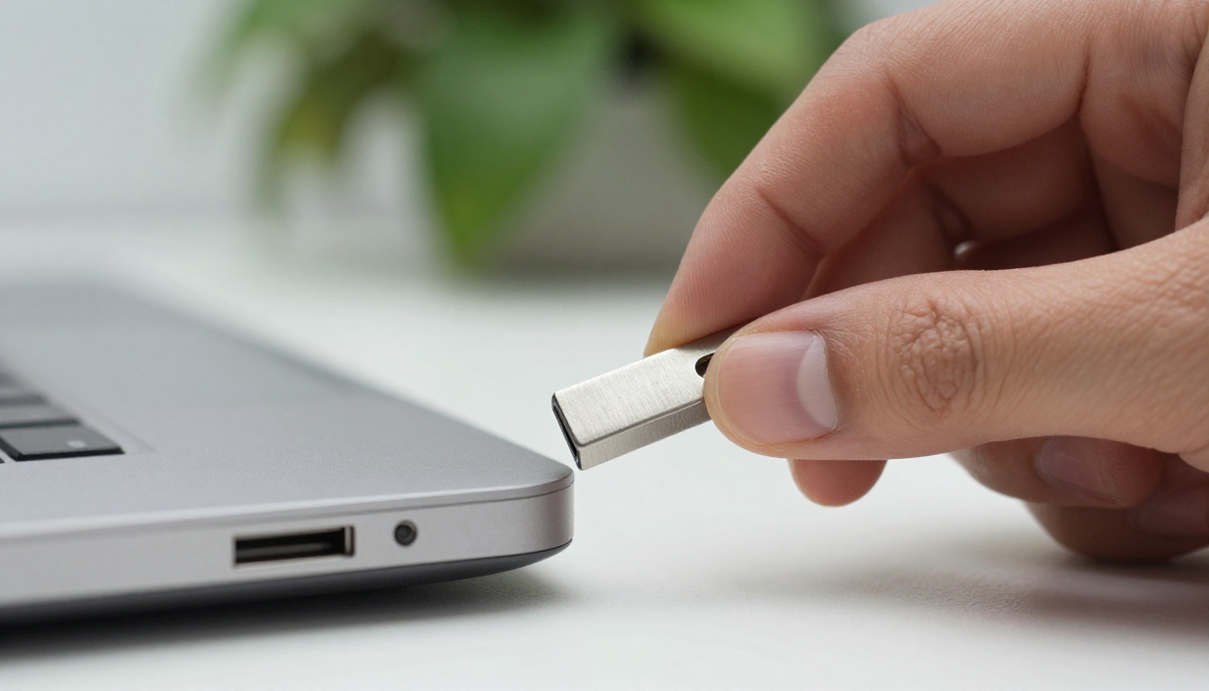 A hand inserting a brushed steel hardware security token into a laptop