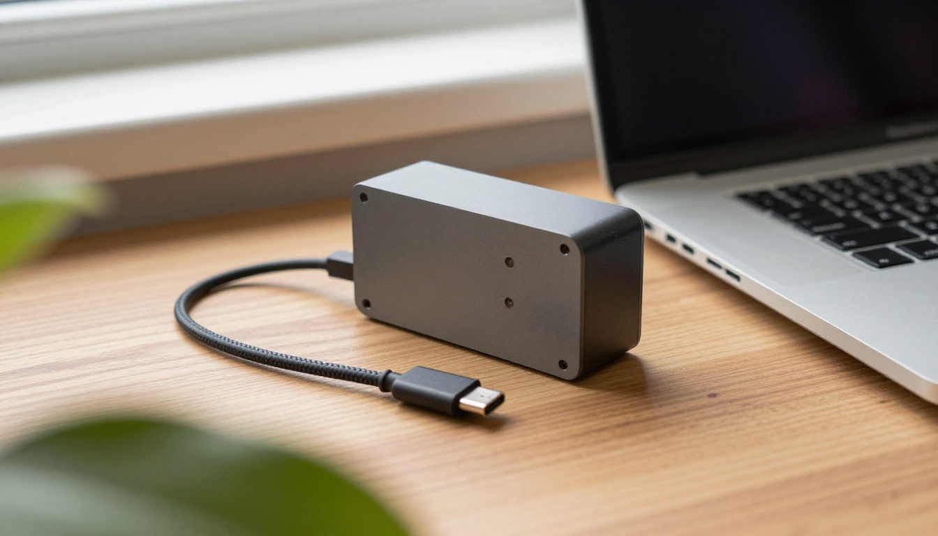 Low-angle view of a graphite mini PC beside a silver laptop joined by a braided USB-C cable