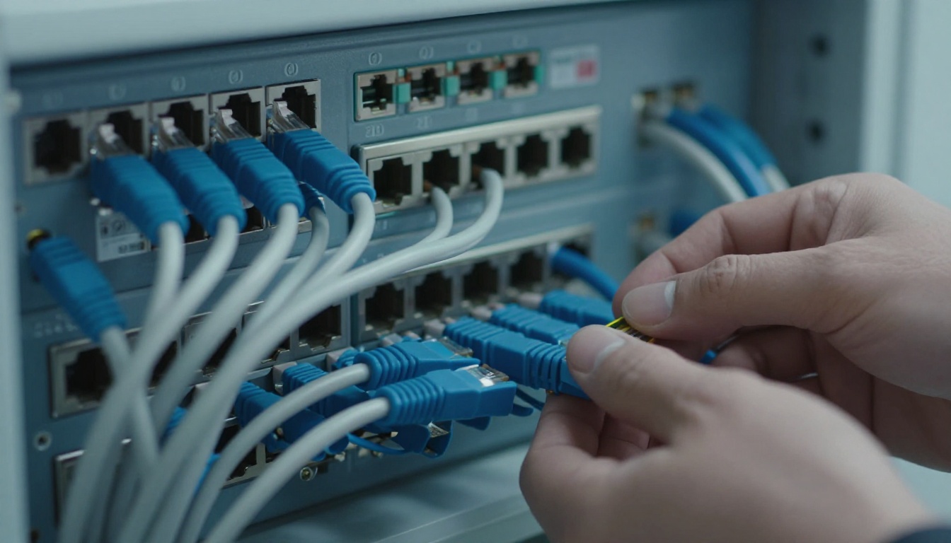 Network patch panel with neatly routed blue and grey cables