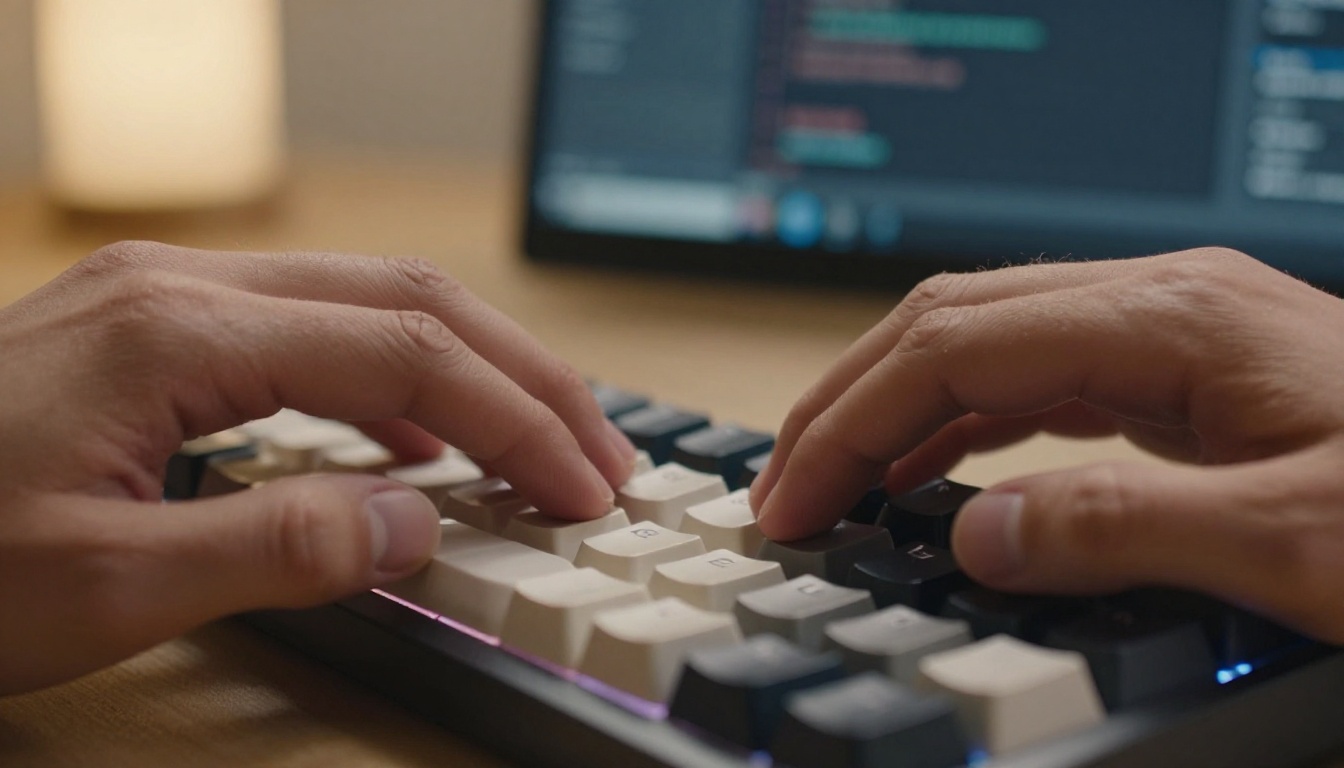 Close-up of a developer's hands resting mid-typing at a desk lit by a warm lamp