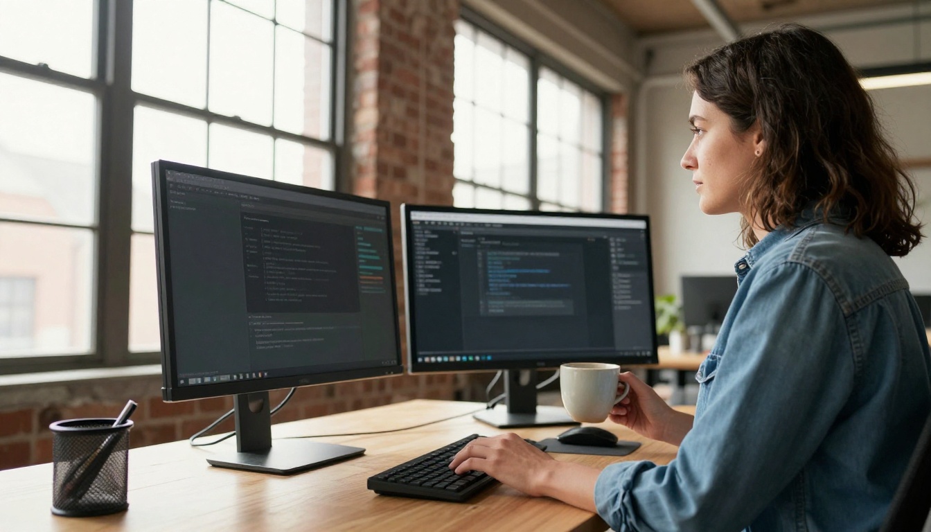 Low-angle view of a developer standing at a desk with two monitors in a bright loft