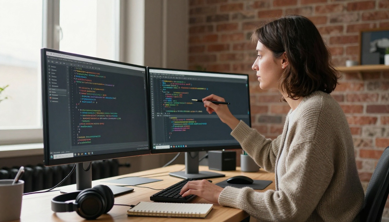 Woman developer standing at an adjustable desk reviewing code on a wide monitor