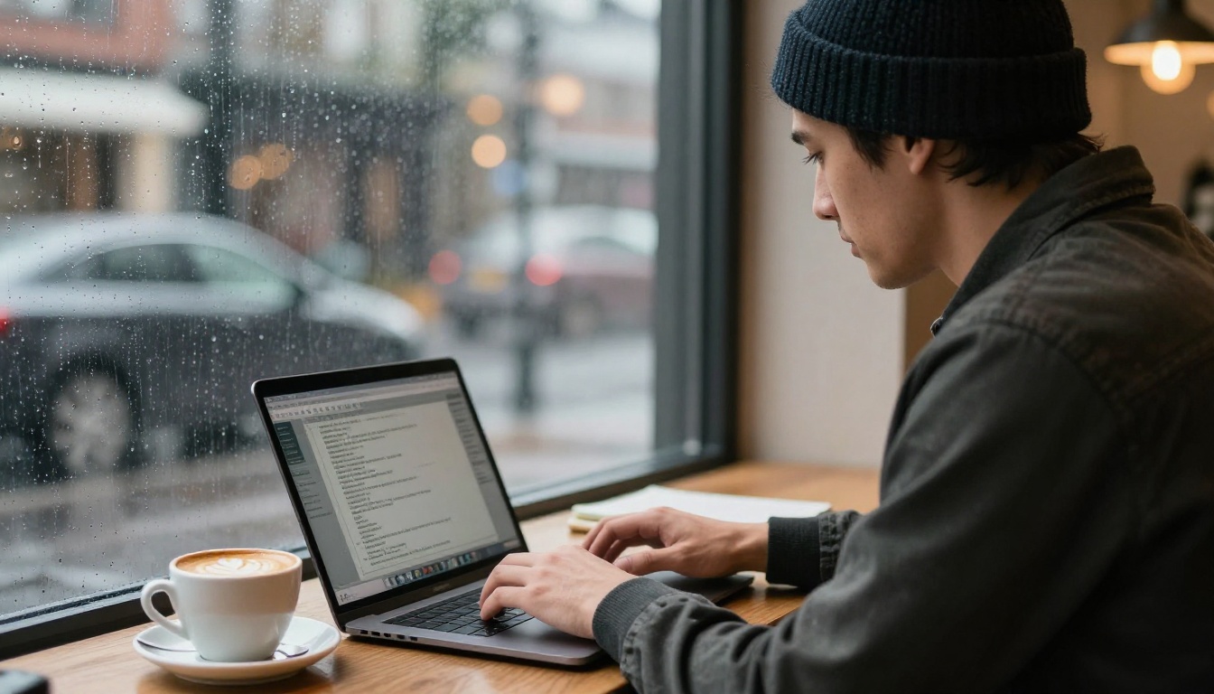 Man typing on a laptop at a rain-streaked cafe window