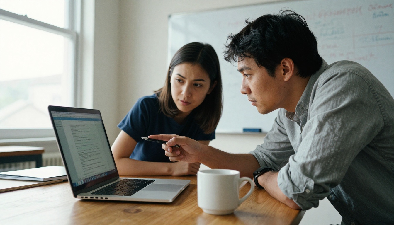 Two colleagues leaning toward a laptop screen at a shared wooden table
