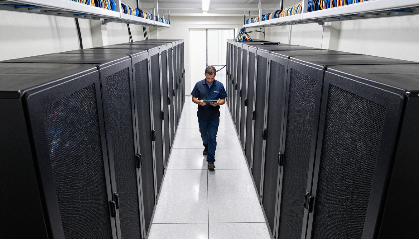 Aerial view of a data center aisle with rows of black server racks