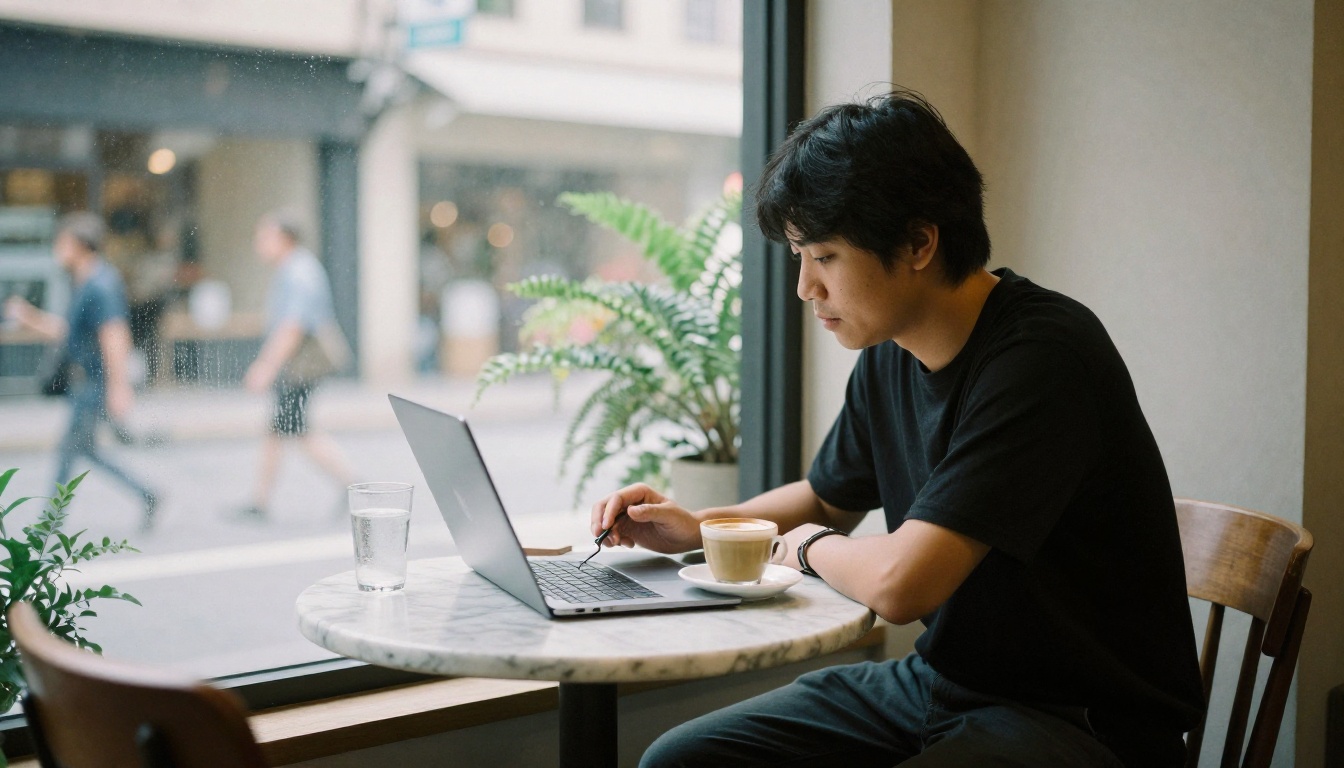 Developer working at a marble cafe table with a silver laptop and a flat white