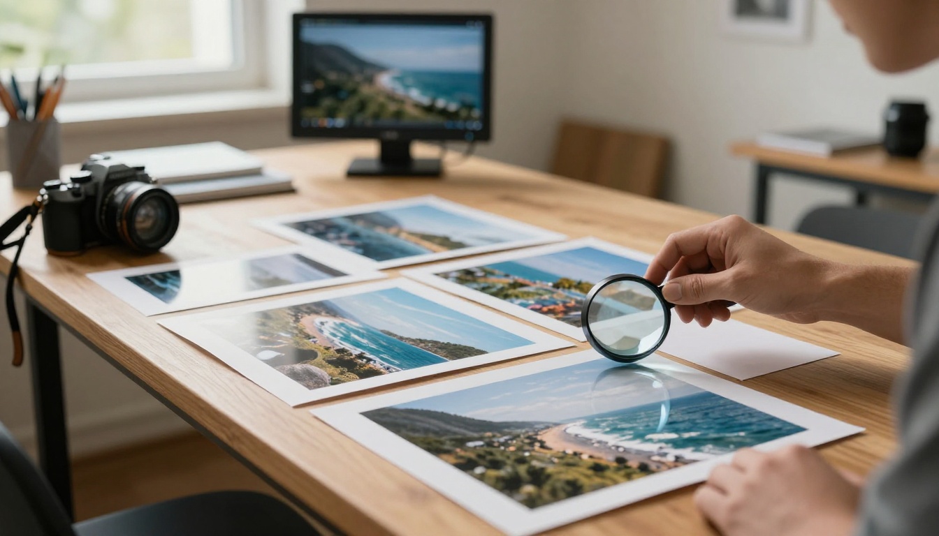 Photographer reviewing large coastal landscape prints on a wooden worktable