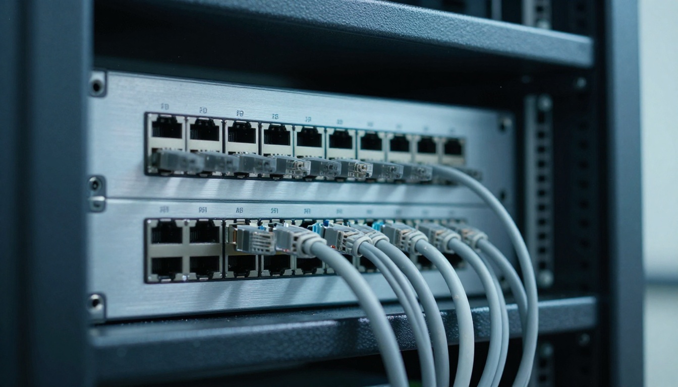 Close-up of a matte black server rack with neatly bundled grey ethernet cables