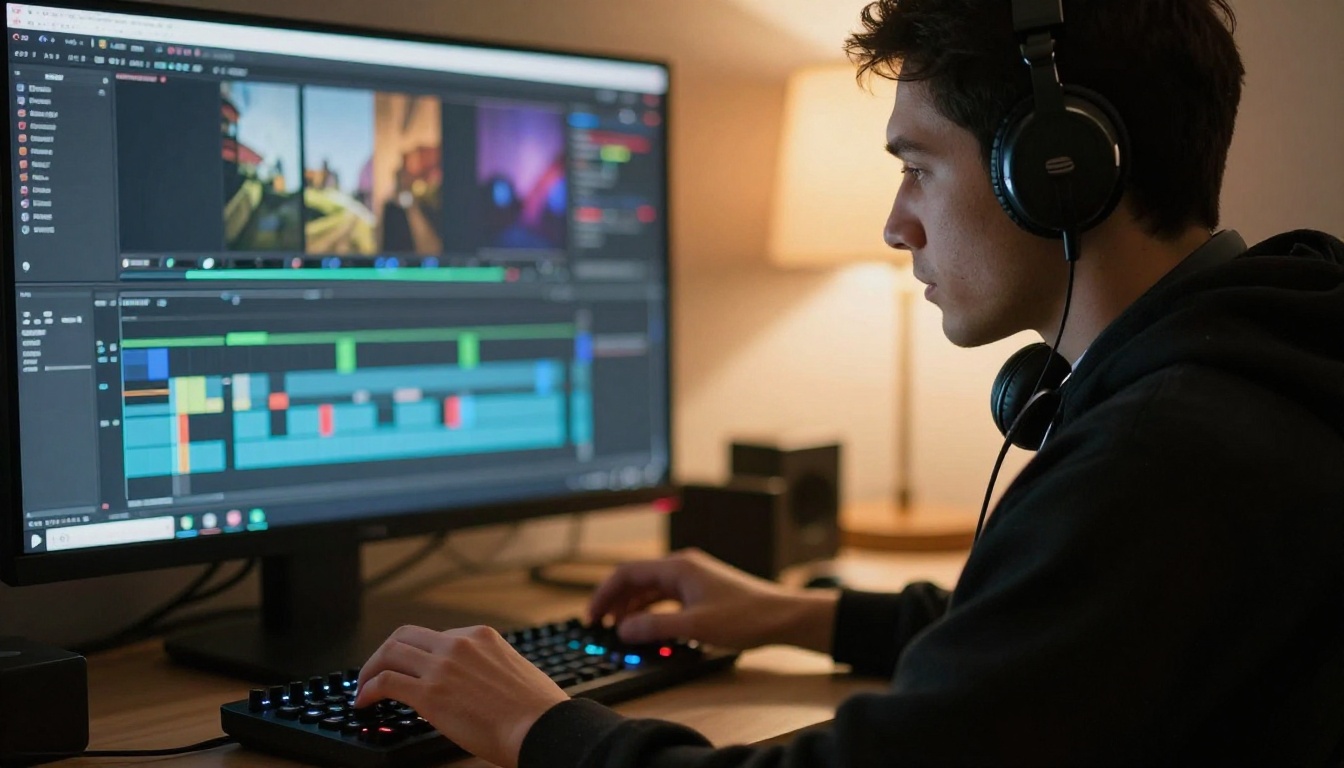 Video editor in a dim edit suite working at a timeline with a jog wheel