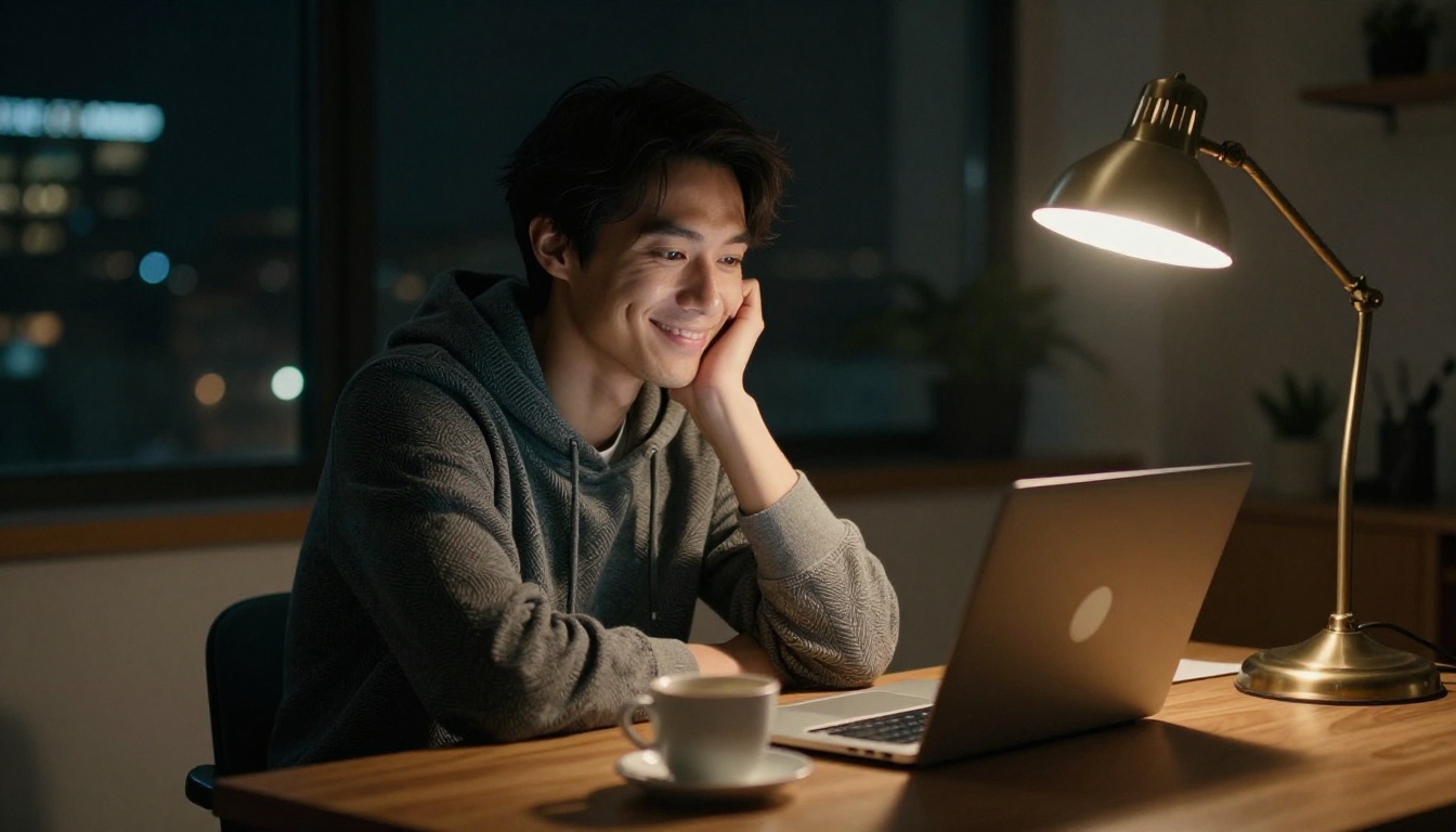 Engineer leaning back in a desk chair with a relieved smile in the warm light of a brass lamp
